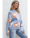 Beau Blue Floral O Neck Drop Shoulder Knitted Sweater - M