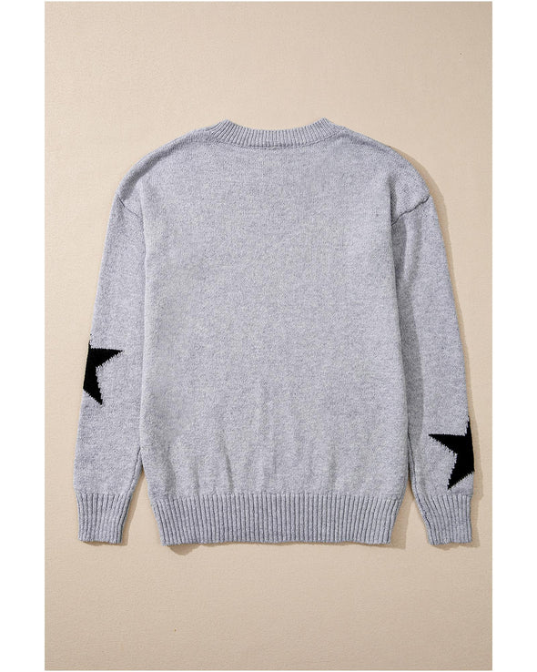 Gray Star Pattern Drop Shoulder Sweater - M