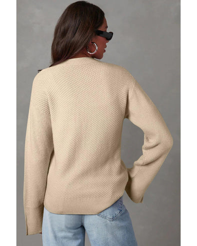 Parchment Solid Textured Knit Split Cuff Drop Shoulder Loose Sweater - S