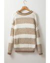 Brown Stripe Drop Shoulder Round Neck Loose Sweater - L