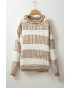 Brown Stripe Drop Shoulder Round Neck Loose Sweater - M