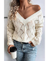 Beige Hollow Out Knit V Neck Drop Shoulder Sweater - M