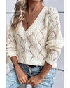 Beige Hollow Out Knit V Neck Drop Shoulder Sweater - M