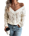 Beige Hollow Out Knit V Neck Drop Shoulder Sweater - XL