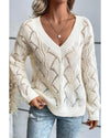 Beige Hollow Out Knit V Neck Drop Shoulder Sweater - XL