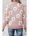 Pink Floral Pattern Half Zip Drop Shoulder Sweater - XL