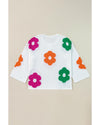 White Floral Print Buttoned Loose Lightweight Sweater - M