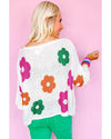 White Floral Print Buttoned Loose Lightweight Sweater - M