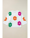 White Floral Print Buttoned Loose Lightweight Sweater - M