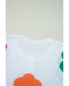White Floral Print Buttoned Loose Lightweight Sweater - M