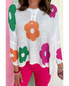 White Floral Print Buttoned Loose Lightweight Sweater - M