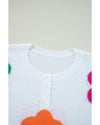 White Floral Print Buttoned Loose Lightweight Sweater - M