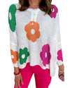 White Floral Print Buttoned Loose Lightweight Sweater - M