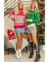 Dark Green Diamond Pattern Pom Accents Contrast Trim High Neck Sweater - L