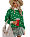 Dark Green Diamond Pattern Pom Accents Contrast Trim High Neck Sweater - L