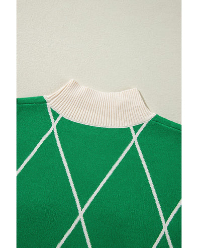 Dark Green Diamond Pattern Pom Accents Contrast Trim High Neck Sweater - M