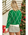 Dark Green Diamond Pattern Pom Accents Contrast Trim High Neck Sweater - M