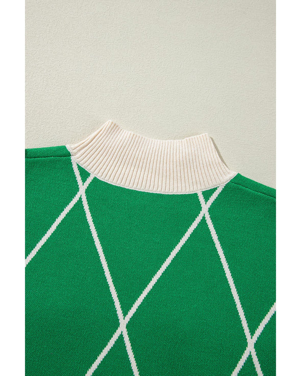 Dark Green Diamond Pattern Pom Accents Contrast Trim High Neck Sweater - XL