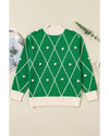 Dark Green Diamond Pattern Pom Accents Contrast Trim High Neck Sweater - XL