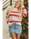 White Western Geometric Patterned Crew Neck Loose Sweater - S