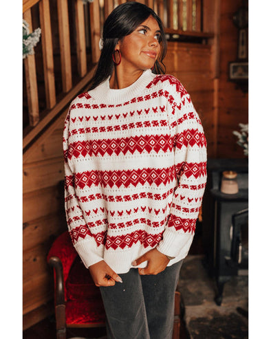 White Western Geometric Patterned Crew Neck Loose Sweater - XL
