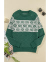 Green Christmas Snowflake Dotted Print Round Neck Sweater - L