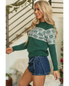 Green Christmas Snowflake Dotted Print Round Neck Sweater - M