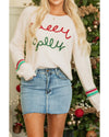 Beige Tinsel Holly Jolly Graphic Classic Sweater - L