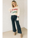 Beige Tinsel Holly Jolly Graphic Classic Sweater - M
