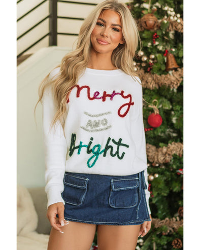 White Tinsel Merry and Bright Graphic Christmas Sweater - L