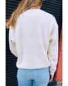 Beige Sequin Heart Shape Waffle Knit Round Neck Sweater - L