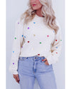 Beige Sequin Heart Shape Waffle Knit Round Neck Sweater - L