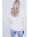 Beige Sequin Heart Shape Waffle Knit Round Neck Sweater - L