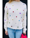 Beige Sequin Heart Shape Waffle Knit Round Neck Sweater - L