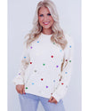 Beige Sequin Heart Shape Waffle Knit Round Neck Sweater - XL