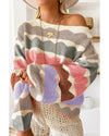 Gray Wave Striped Balloon Sleeve Drop Shoulder Sweater - XL