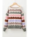 Gray Wave Striped Balloon Sleeve Drop Shoulder Sweater - XL