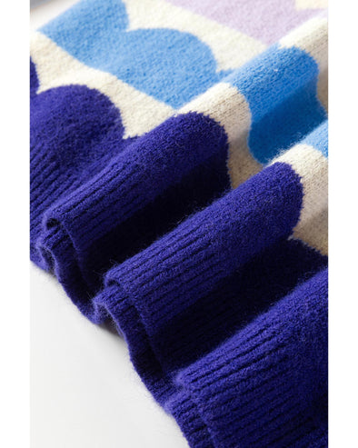 Dark Blue Wave Striped Balloon Sleeve Drop Shoulder Sweater - S