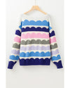 Dark Blue Wave Striped Balloon Sleeve Drop Shoulder Sweater - S
