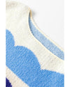 Dark Blue Wave Striped Balloon Sleeve Drop Shoulder Sweater - S