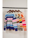 Dark Blue Wave Striped Balloon Sleeve Drop Shoulder Sweater - S
