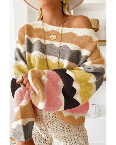 Yellow Wave Striped Balloon Sleeve Drop Shoulder Sweater - S