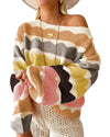 Yellow Wave Striped Balloon Sleeve Drop Shoulder Sweater - S
