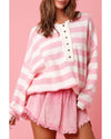 Pink Stripe Half Buttons Drop Shoulder Sweater - L
