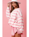 Pink Stripe Half Buttons Drop Shoulder Sweater - L