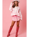 Pink Stripe Half Buttons Drop Shoulder Sweater - L