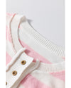 Pink Stripe Half Buttons Drop Shoulder Sweater - L