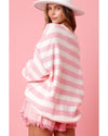 Pink Stripe Half Buttons Drop Shoulder Sweater - XL