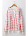 Pink Stripe Half Buttons Drop Shoulder Sweater - XL