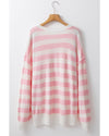Pink Stripe Half Buttons Drop Shoulder Sweater - XL